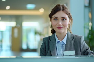 Fototapeta premium Smiling Woman with Headset in Bright Office Environment Close-Up