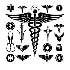 Caduceus health symbol silhouettes vector, Apotheke icon vector, Health logo vector. caduceus. rod of Asclepius.