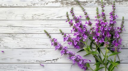 Obraz premium Purple lythrum flowers with leaves on a white wooden background with a toned effect