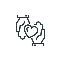 Thin Outline Icon Human Hand Passing Heart to Hand, Two Hands Holding a Heart. Such Line Sign as Charity, Message Love and Care, Caring Hands, Donation. Vector Isolated Pictogram on White Background.