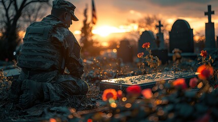 A solemn moment unfolds as a veteran, consumed by silence, kneels beside a grave. With reverence, they place a flag and salute, offering a personal tribute on Memorial Day, leaving ample copy space