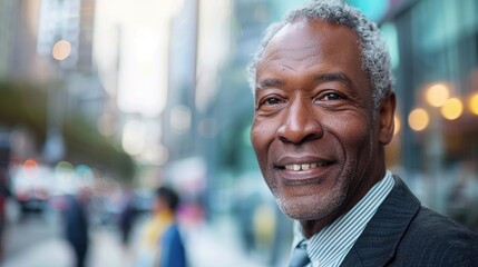 Fototapeta premium Joyful Senior amidst Urban Buzz - Close-up Portrait with Smiling Elderly Man and Vibrant Cityscape Background