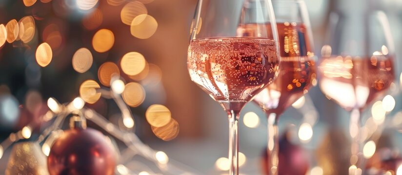 Rose wine glasses spotted at a festive gathering.