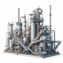 An industrial oil refinery with towering chimneys and pipes dominates the factory landscape, isolated white background