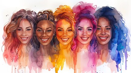 A positive and united watercolor illustration depicts a group of diverse young women smiling together on a white background, highlighting the concept of diversity.
