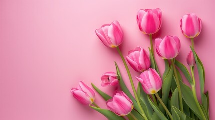 Fototapeta premium Beautiful Bouquet of pink tulips flowers on pastel pink background, copy space, spring flowers.