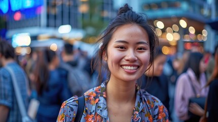 Portrait of Joyful Young Adult in Cityscape Setting with Skyscrapers and Crowds