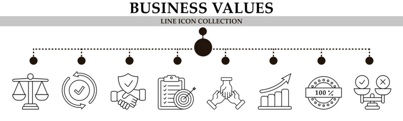 Business values line icon collection. With icon of agreement, goals, collaboration, justice, increase revenue, equally, guaranteed .  For sign, symbol, infographics or presentation 