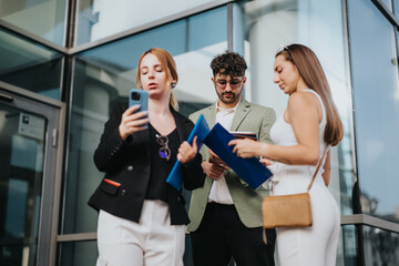 Business workers using technology and discussing new project, financial statements, marketing or sales strategy in an outdoor meeting at urban city area.