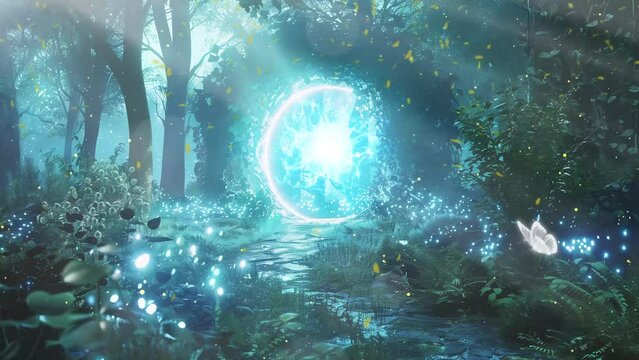 mystical portal in an enchanted forest with bioluminescent seamless looping overlay 4k virtual video animation background