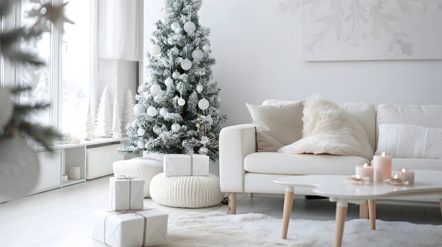 4. Envision a modern Scandinavian interior adorned with minimalist Christmas decor in shades of white, where clean lines and sleek furnishings create a serene backdrop for subtle holiday accents,