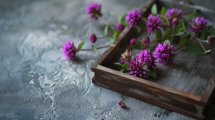 Minimalist still life with purple barrenwort flowers in wooden frame on concrete surface