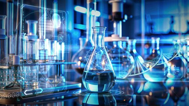 Modern laboratory with infographics about DNA research.