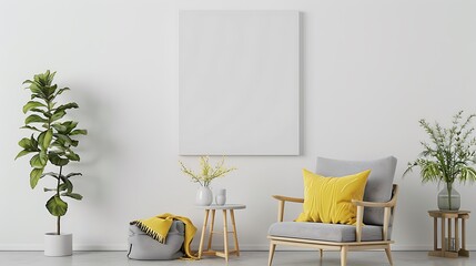 The Mock up frame canvas and furniture design in modern interior background, Elegant living room, Scandinavian style, white wall background, 3D render, 3D illustration