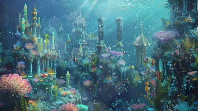 an underwater garden with bioluminescent creatures seamless looping overlay 4k virtual video animation background