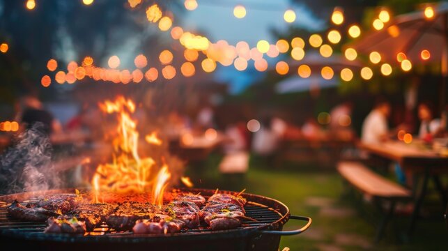 Grilling meats with flames at a nighttime outdoor barbecue party featuring string lights and a vibrant atmosphere.