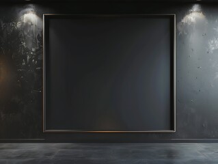 One large empty square frame on a charcoal black wall, highlighted by a spotlight that creates a...