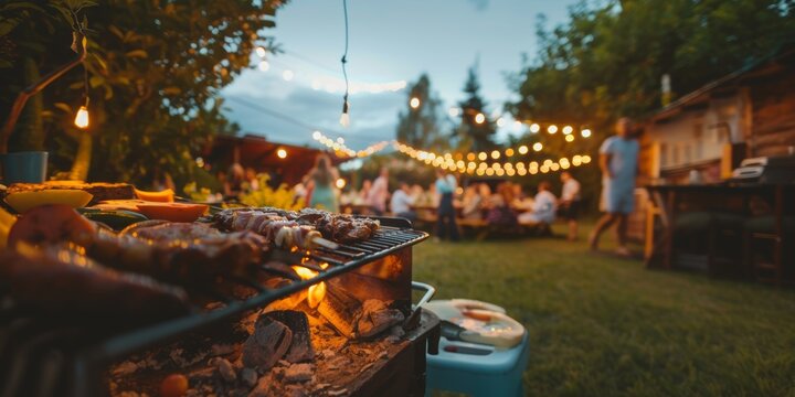 Close-up of various meats grilling on a barbecue during an outdoor evening party with blurred people and string lights.