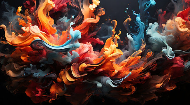 an abstract art template that juxtaposes smoke-like wisps with fiery bursts of color, creating a dynamic contrast between light and dark, calm and intense
