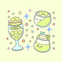 sweet dessert parfait pudding lemon with cute facial expressions and pastel colour