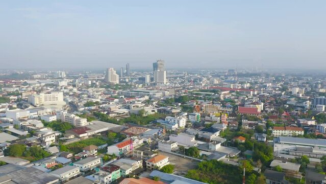 Aerial view of local residential neighborhood roofs. Urban housing development from above. Top view. Real estate in Isan, Khon Kaen urban city town, Thailand. Property real estate.