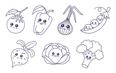 Cute kawaii line art vegetables set in cartoon style. Outline Vegetables characters collection. Coloring book. Manga Vegetables characters collection. Veggies icons, stickers, mascots. Coloring page