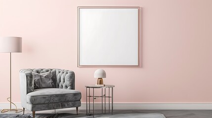 Single square frame on a pastel pink wall in a living room interior. The room includes a gray...