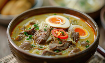 Bowl of delicious beef noodle soup being prepared by a chef in a restaurant kitchen