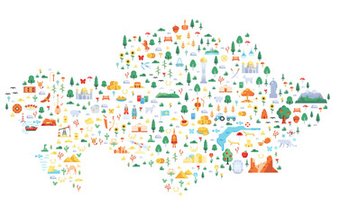Illustrated tourist map of Kazakhstan with symbols and places of interest. Icons of symbols of Kazakhstan