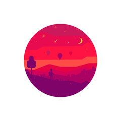 Landscape illustration of a view from a hill to balloons. Minimalistic icon of a beautiful natural scenery