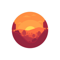 Landscape illustration of sunset on the background of trees and mountains. Minimalistic icon of a beautiful natural scenery