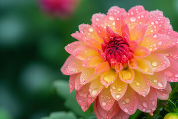 Dahlia Mix blooms with rain drops, closeup



