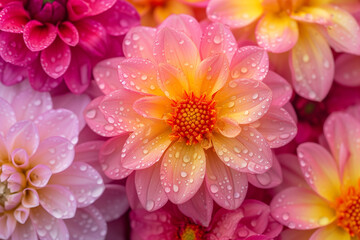 Obraz premium Dahlia Mix blooms with rain drops, closeup