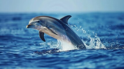 A dolphin jumping out of the ocean, sparkling blue water