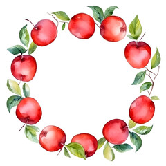 Watercolor round frame of red apple fruit and green leaves creating empty space for decoration