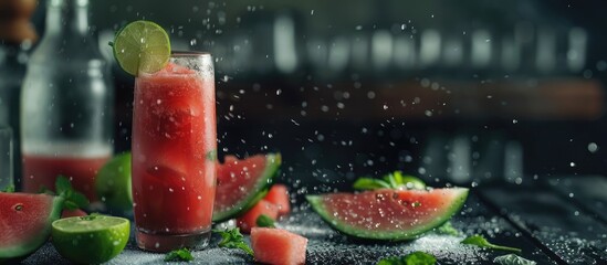 Watermelon smoothie and lime slices displayed on a dark backdrop