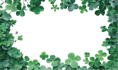Green clover leaves forming a frame on a transparent background with copy space