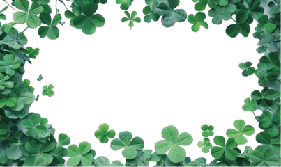 Green clover leaves forming a frame on a transparent background with copy space