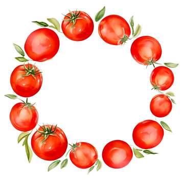 Watercolor round frame border of ripe red tomatoes and green leaves clipart