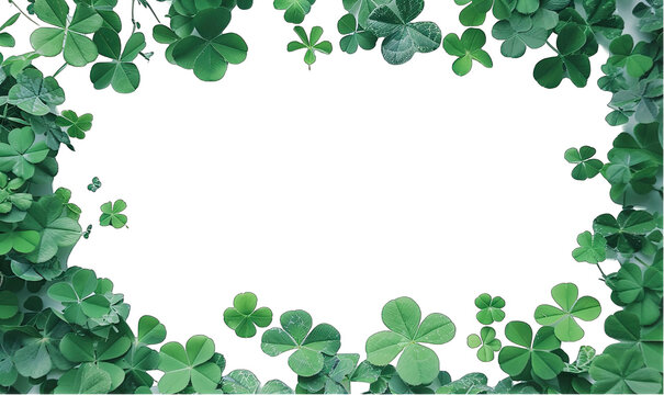 Green clover leaves forming a frame on a transparent background with copy space