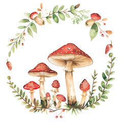 Watercolor circle frame with fly agaric mushrooms and green leaves element for autumn nature forest concept
