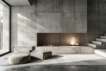 Minimalist style living room design with fireplace and concrete walls, featuring modern decor and simple furnishings for a sleek look