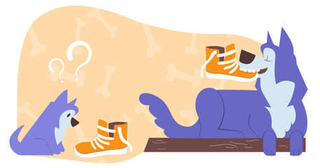 Dog teaches the puppy to chew shoes