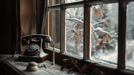 Old brown wooden telephone at the window, Generative AI.