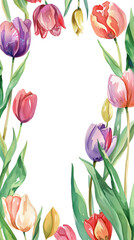 Fototapeta premium Photo frame with watercolor flowers, tulips, for design cards, packaging, gifts
