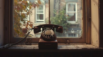 Old brown wooden telephone at the window, Generative AI.