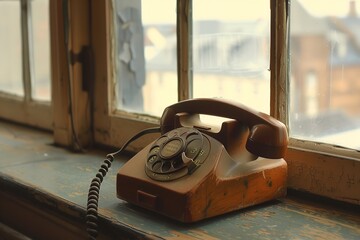 Old brown wooden telephone at the window, Generative AI.