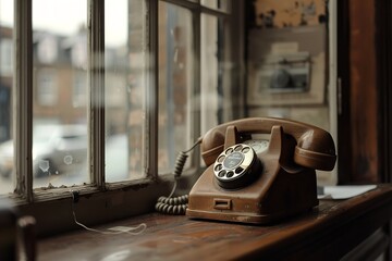 Old brown wooden telephone at the window, Generative AI.