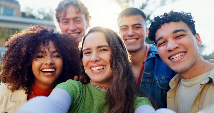 Friends, group and selfie in backyard for holiday, party and get together or hangout with social media. Excited portrait of young people in profile picture for bonding, youth and diversity outdoor