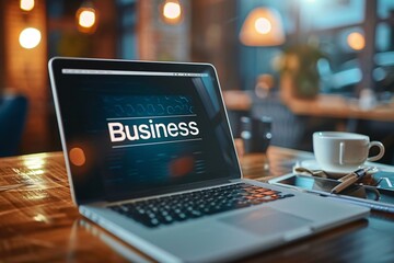 light modern workspace, Laptop, notebook, "Business" on the screen.